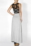 Heather Grey Floral Lace Colorblock Basic Knit Maxi Dress