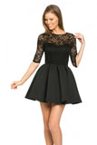  Sexy Black Floral Lace Quarter Sleeve Open Back Skater Cocktail Dress 