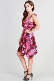 Floral Fuchsia Deep V-Neck Asymmetric Tie Shoulder Fashion Dress