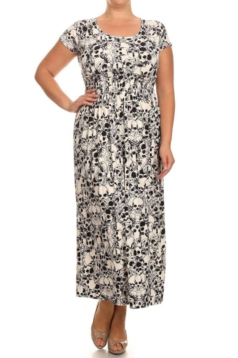 Women's Plus Size Short Sleeve Skull Print Maxi Dress - One Size