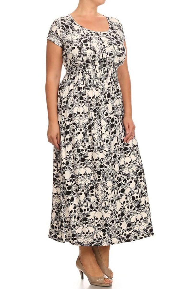 Women's Plus Size Short Sleeve Skull Print Maxi Dress - One Size