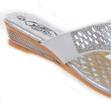 Crystal Jeweled White Silver Slide Thong Flip Flop Wedge Sandals