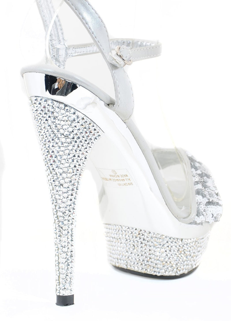 Silver Jeweled Sequins Rhinestone Evening Open Toe Platform Sandal Formal Heels