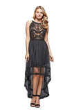 Sheer Lace Black Hi-Lo Cocktail Dress with Crew Neck