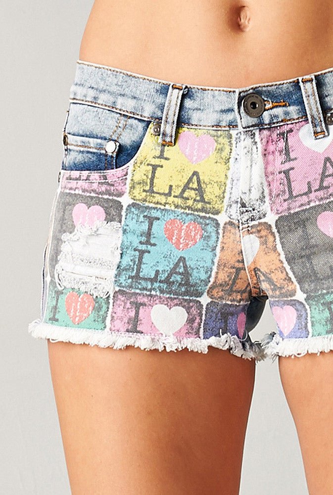 I HEART LA All Over Printed Frayed Distressed Denim Jean Fashion Shorts