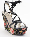 Braided Floral Strappy Black Wedge Sandal Women's Vegan Shoes