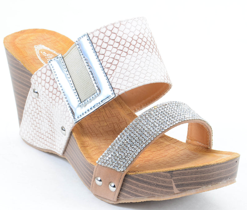  Rhinestone Animal Print Leatherette Two Band Wedge Slide Sandal