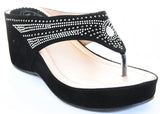  Sequin Jeweled Vegan Suede Wedge Flip Flop Sandal Black