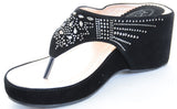  Studded Vegan Suede Wedge Flip Flop Sandal Women's Black