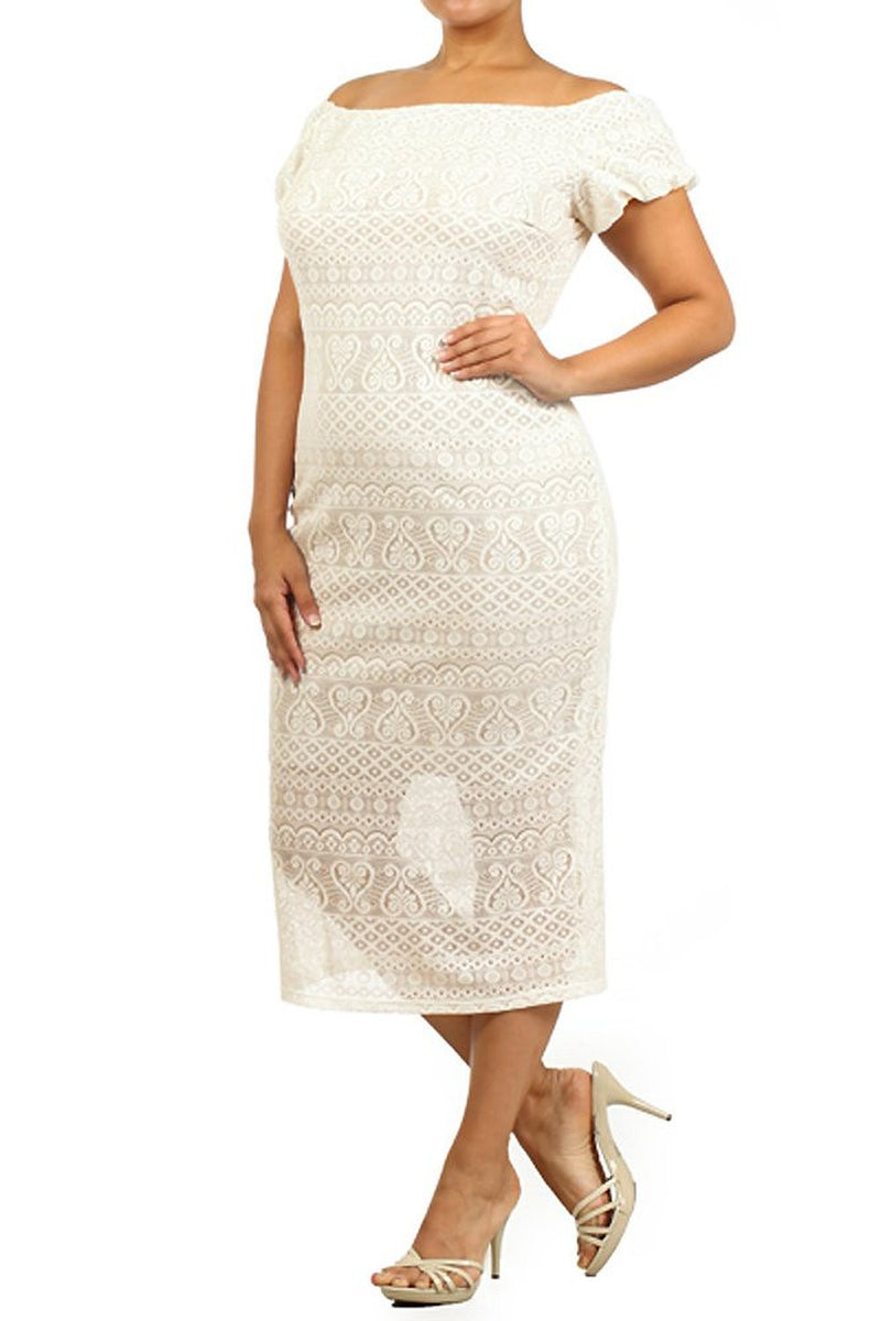  Cream Ivory Crochet Knit Off Shoulder Plus Size Bodycon Midi Dress U.S.A