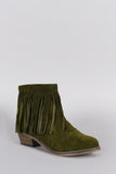 Olive Green Fringe Round Toe Cowgirl Vegan Suede Ankle Women's Boots