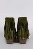 Olive Green Fringe Round Toe Cowgirl Vegan Suede Ankle Women's Boots