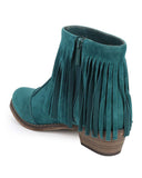 Teal Fringe Round Toe Cowgirl Vegan Suede Ankle Women's Boots