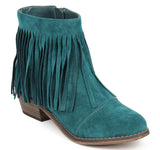 Teal Fringe Round Toe Cowgirl Vegan Suede Ankle Women's Boots