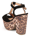 Leopard Animal Suede T-Strap Peep Toe Chunky Heel Platform Sandal