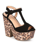 Leopard Animal Suede T-Strap Peep Toe Chunky Heel Platform Sandal