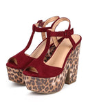 Leopard Animal Suede T-Strap Peep Toe Chunky Heel Platform Sandal