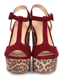 Leopard Animal Suede T-Strap Peep Toe Chunky Heel Platform Sandal