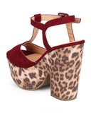 Leopard Animal Suede T-Strap Peep Toe Chunky Heel Platform Sandal