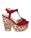 Leopard Animal Suede T-Strap Peep Toe Chunky Heel Platform Sandal