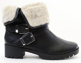 Chunky Buckle Shearling Fur Fold Over Combat Lug Vegan Women's Boots