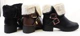 Chunky Buckle Shearling Fur Fold Over Combat Lug Vegan Women's Boots