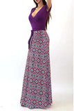 Purple Two Tone Short Sleeve V-Neck Abstract Maxi Dress