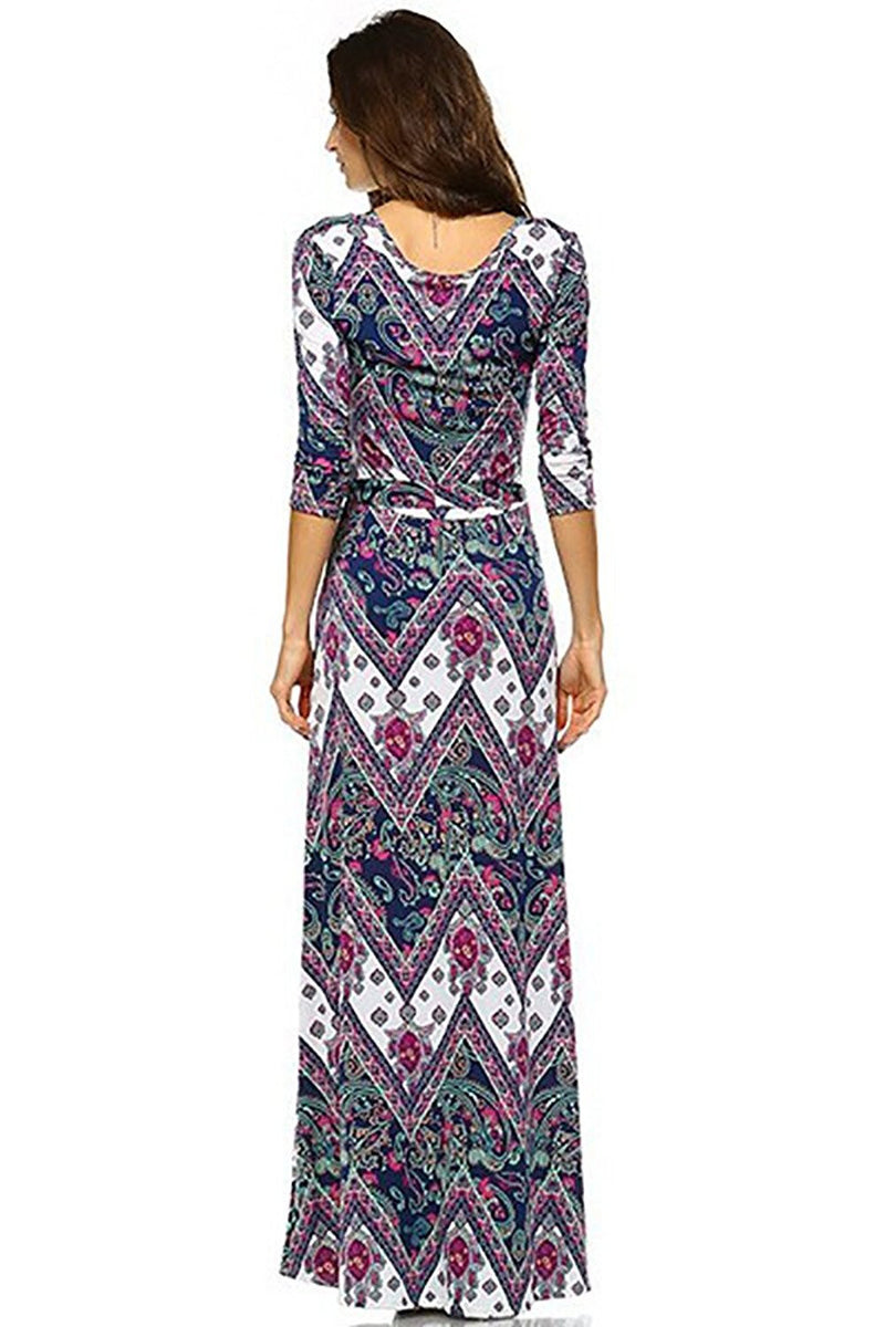 Trendy Aztec Chevron Paisley Design 3/4 Sleeves Maxi Dress USA
