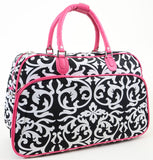  Pink Black Damask Vegan Leather Pink Trim Duffle Travel Luggage Bag