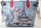 Retro Chic Eiffel Tower Pin-up Girl Vegan Leather Handbag Purse Wallet SET