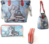 Retro Chic Eiffel Tower Pin-up Girl Vegan Leather Handbag Purse Wallet SET