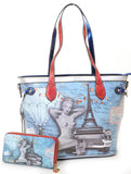 Retro Chic Eiffel Tower Pin-up Girl Vegan Leather Handbag Purse Wallet SET