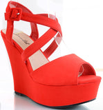 Red Strappy Criss Cross Wedge Platform Sandal