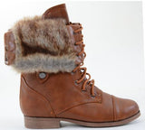 Fur Cuff Military Lace Up Vegan Boot Tan