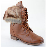 Fur Cuff Military Lace Up Vegan Boot Tan