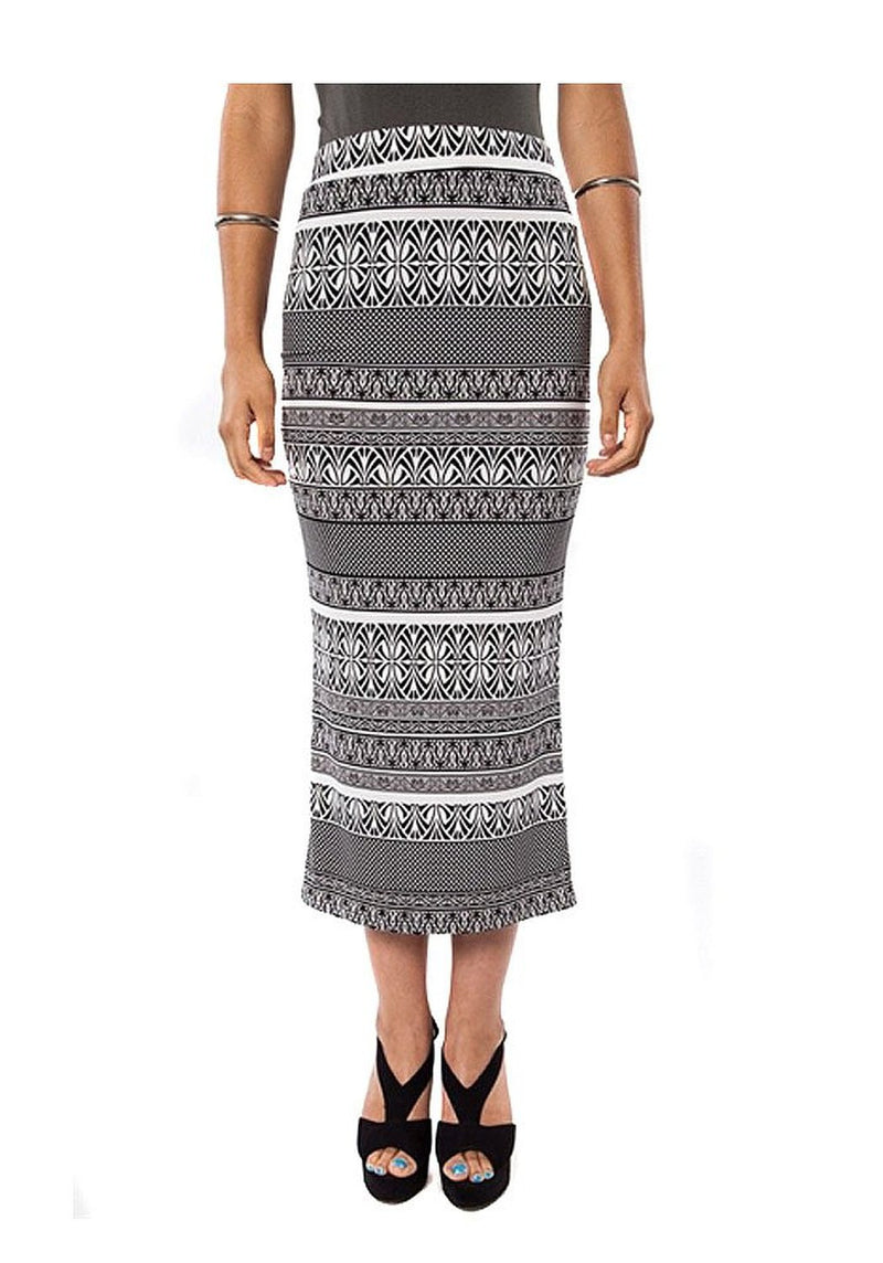 Black White Abstract Striped High Waist Midi Fitted Skirt U.S.A