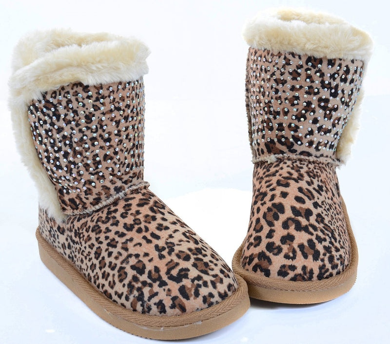 Girls Fur Rhinestone Faux Shearling Leopard Round Toe Ankle Boot KIDS