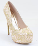 Lace Overlay Glitter Almond Toe Stiletto Platform Pump