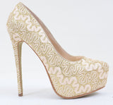 Lace Overlay Glitter Almond Toe Stiletto Platform Pump