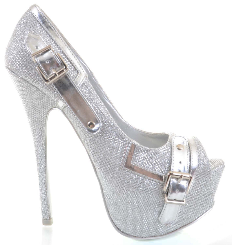 Silver Metallic Glitter Trim Peep Toe Pump Platform Heels