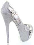 Silver Metallic Glitter Trim Peep Toe Pump Platform Heels