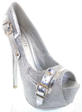 Silver Metallic Glitter Trim Peep Toe Pump Platform Heels