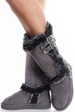 Grey Furry Shearling Faux Suede Buckle Mid-calf Boots Vegan