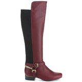  Burgundy Equestrian Criss Cross Two-tone Ankle Strap Side Zip Knee High Vegan Pirate Boots