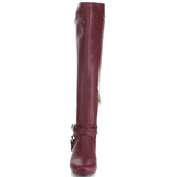  Burgundy Equestrian Criss Cross Two-tone Ankle Strap Side Zip Knee High Vegan Pirate Boots