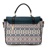 Tribal Print Accented Flap Over Closure Satchel Crossbody Handbag Purse