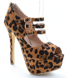 Leopard Peep-toe Triple Strap Stiletto Hidden Platform Pin-up Pump