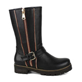  Black Gold zipper & Buckle embelished Women's Zip-up Mid-calf Riding Boot