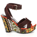  Colorful Abstract Floral Crisscross Platform Women's Wedge Sandals