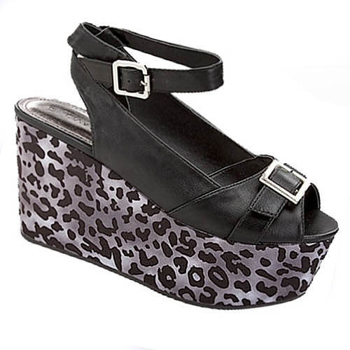Black Cheetah Buckle Peep Toe Flatform Wedge Vegan